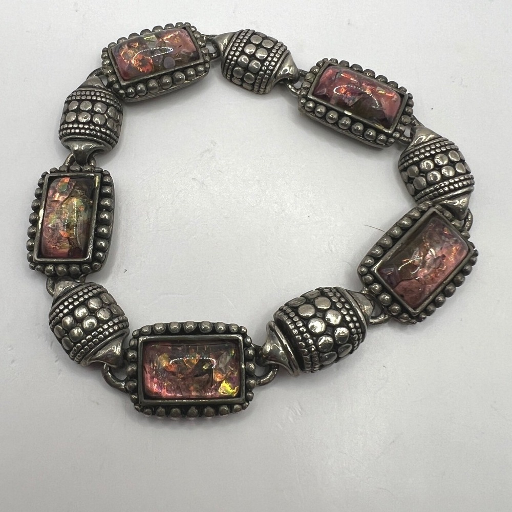 Silver Tone Beaded Bracelet Orange Peach Black Antiquing Magnetic Closure‎